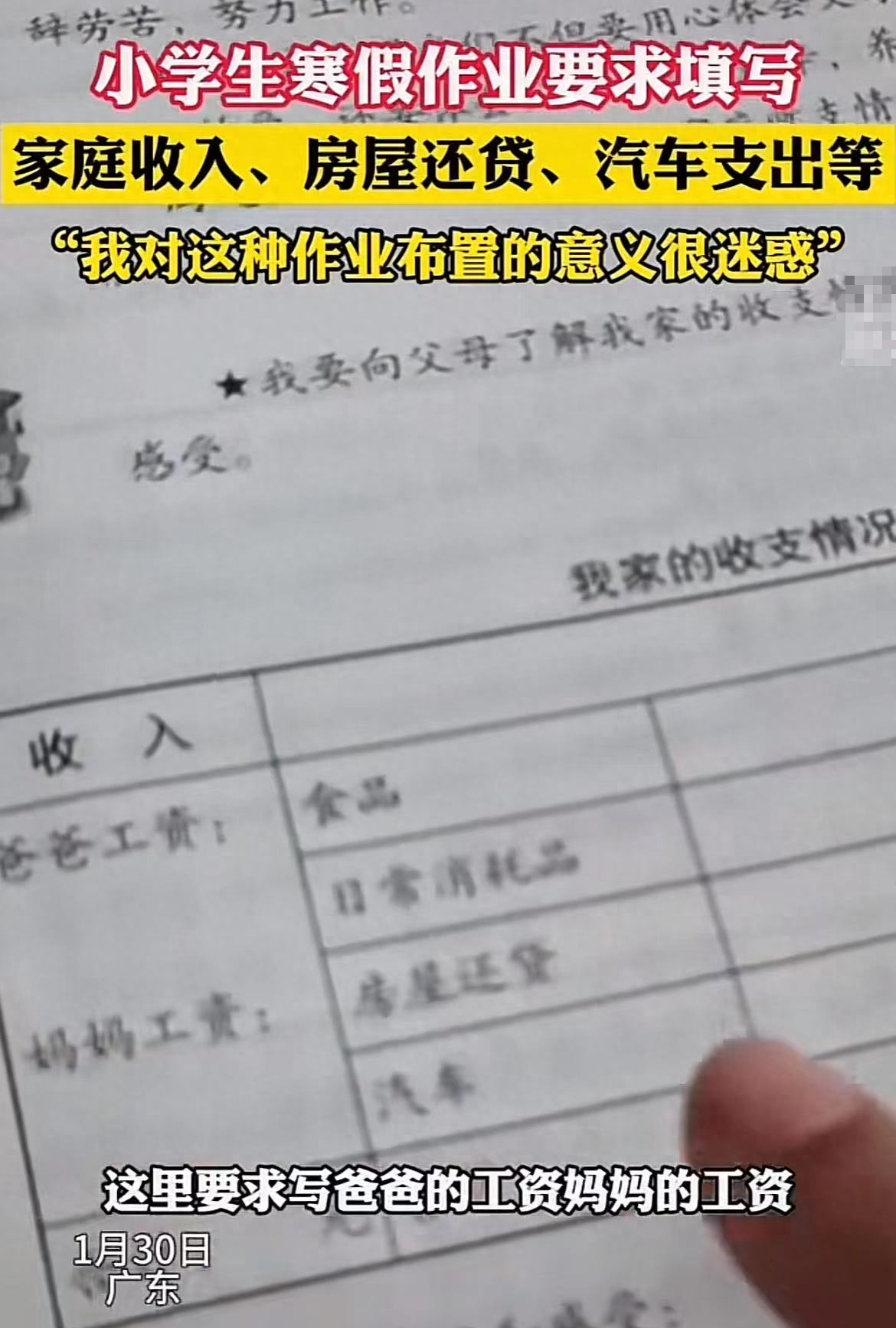 小学生寒假作业要求填写家庭收支 （小学生寒假作业要求填写，家庭收入、房屋还贷、 汽车支出等信息）(图1)